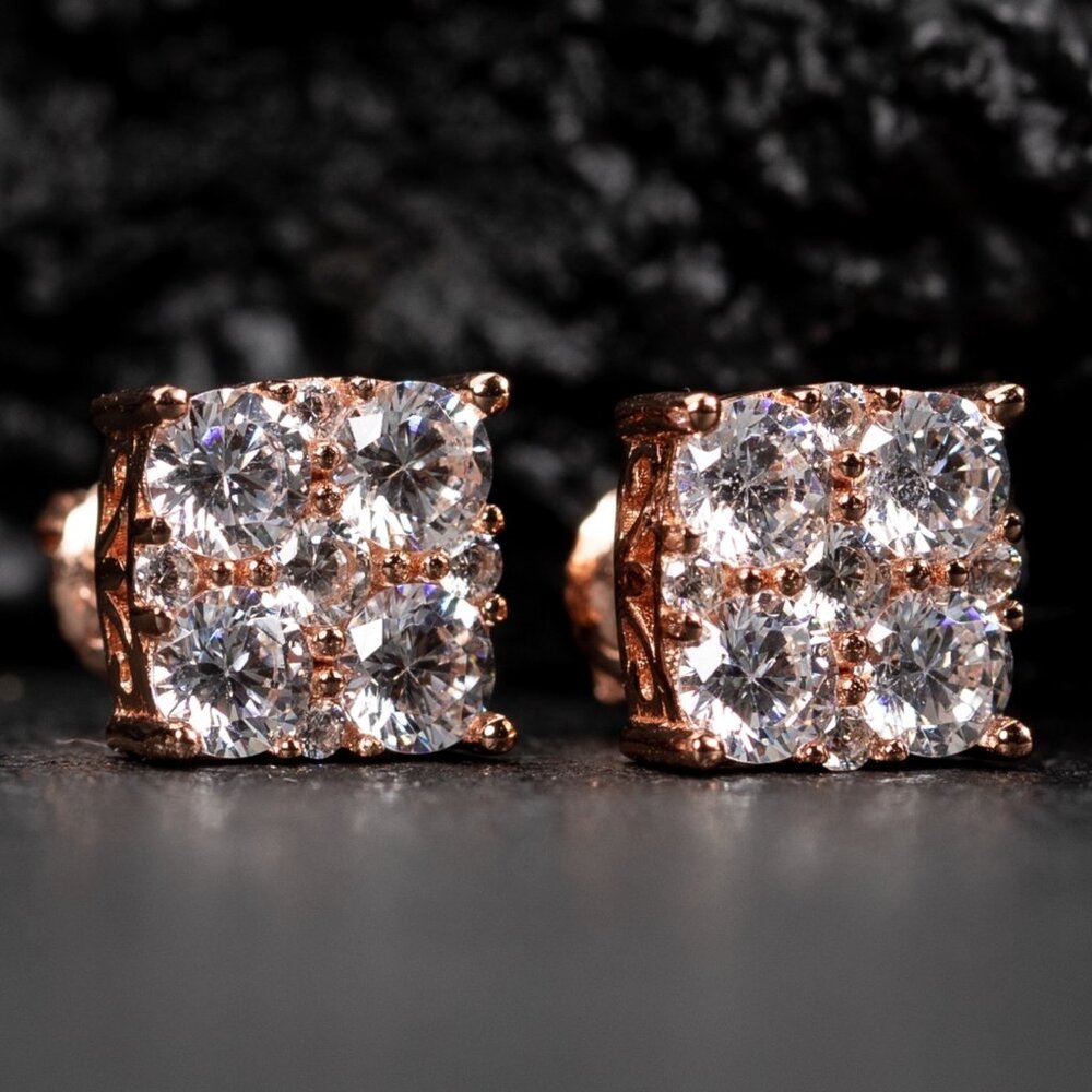 Square Flower Cluster Rose Gold Plated Sterling Silver Stud Screw Back Earrings